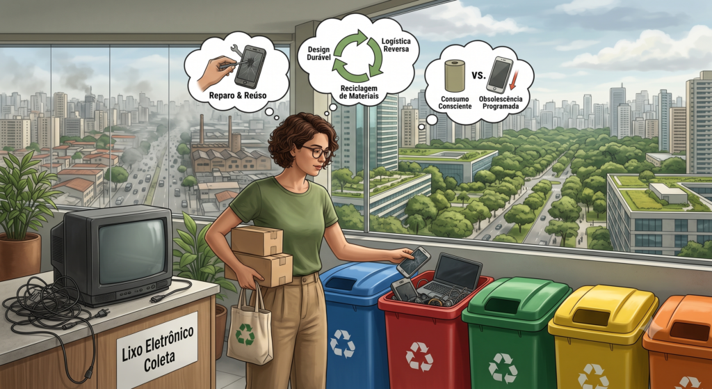 mostrando o ciclo do consumo consciente e do descarte responsável. Em primeiro plano, um jovem ou adulto separando resíduos em lixeiras de reciclagem coloridas, com ênfase em lixo eletrônico como celulares e eletrodomésticos antigos.
