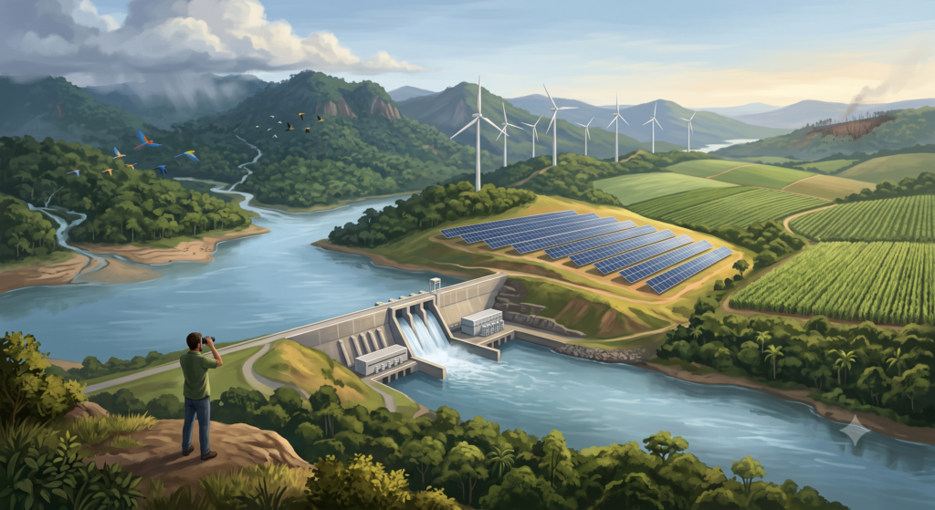 matriz energética sustentável e recursos naturais no Brasil, mostrando diferentes fontes de energia em uma mesma paisagem. Em destaque, painéis solares, turbinas eólicas e uma hidrelétrica, com plantações ao fundo remetendo a biocombustíveis. 