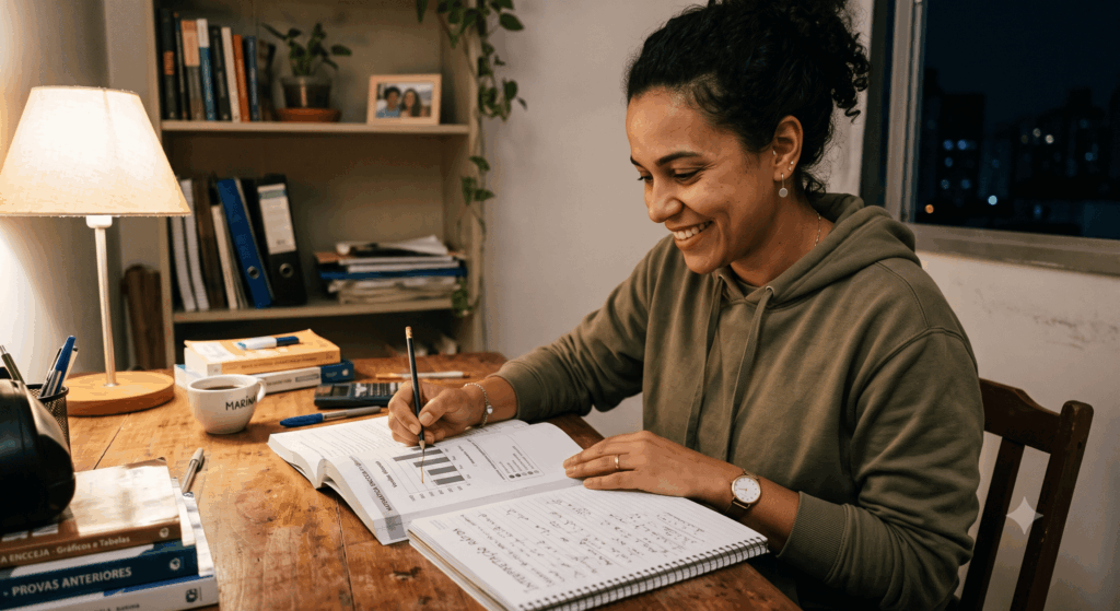 mulher estudando gráficos e tabelas do encceja