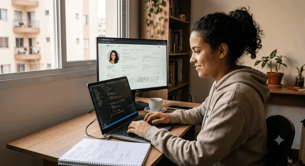 Mulher sentada com notebook pesquisando sobre como montar um portfolio para entrar em TI sem experiencia