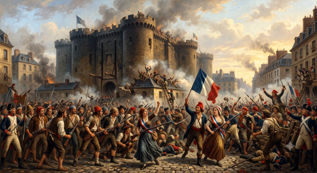 Ilustração editorial e histórica sobre a Revolução Francesa de 1789, retratando a tomada da Bastilha e a força do povo nas ruas de Paris. Em primeiro plano, uma multidão revolucionária diversa (burgueses, trabalhadores e sans-culottes) erguendo bandeiras e símbolos de liberdade, com expressão de determinação e esperança. Ao fundo, a fortaleza da Bastilha em meio à revolta, arquitetura parisiense do século XVIII, fumaça e luz dramática de amanhecer simbolizando o nascimento de uma nova era. 