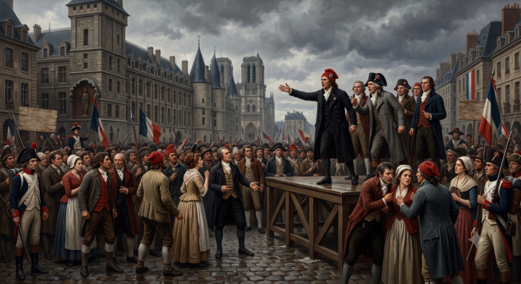 Ilustração editorial e histórica sobre o Período do Terror durante a Revolução Francesa (1793–1794), retratando a tensão política da Convenção Nacional e a radicalização jacobina. Em primeiro plano, uma praça pública de Paris em clima de tensão revolucionária, com a guilhotina ao fundo como símbolo do período, multidão observando e líderes revolucionários discursando com gestos intensos. Atmosfera dramática que represente o conflito entre justiça, poder e violência de Estado, além do embate político entre grupos (esquerda e direita nascentes). Arquitetura parisiense do século XVIII, luz sombria e teatral, céu carregado