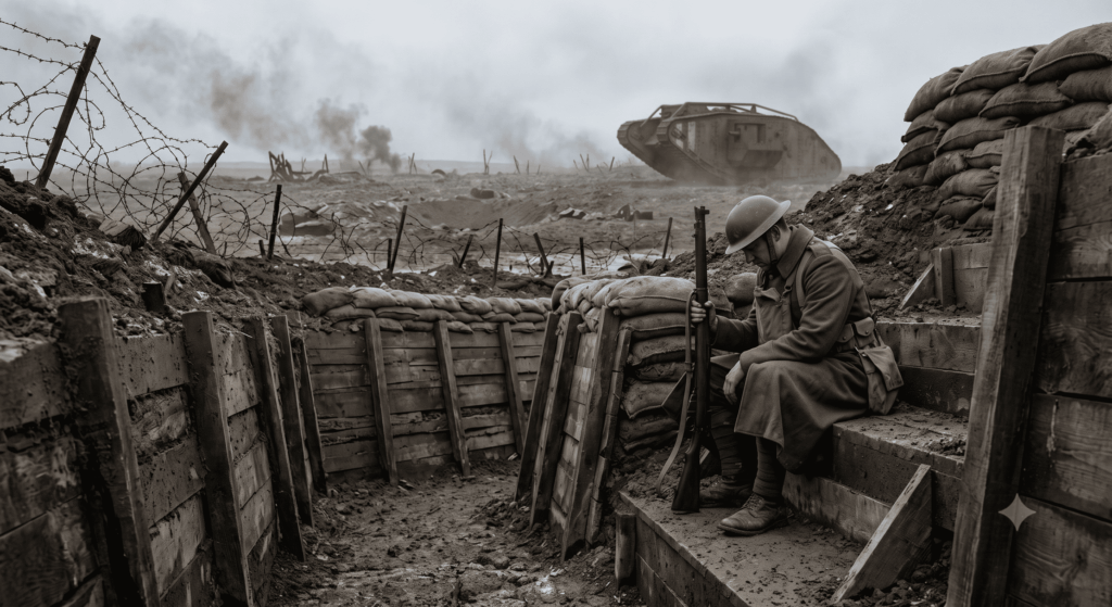 homem soldado nas trincheiras em guerra representando a primeira guerra mundial