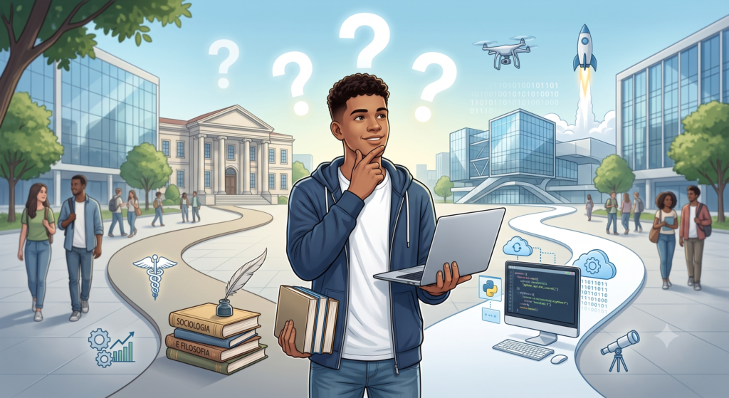 Ilustração editorial e moderna sobre a decisão de mudar de curso na faculdade, retratando um jovem estudante brasileiro em um momento de reflexão e escolha. Em primeiro plano, o estudante pensativo diante de dois ou mais caminhos simbólicos, segurando livros ou um notebook, com expressão de dúvida seguida de confiança. Ao redor, elementos visuais que representem diferentes áreas de formação (tecnologia, saúde, humanas, negócios) e ícones sutis de interrogação sugerindo dúvidas frequentes. Ao fundo, ambiente acadêmico moderno, com referências a transição, recomeço e novas oportunidades.