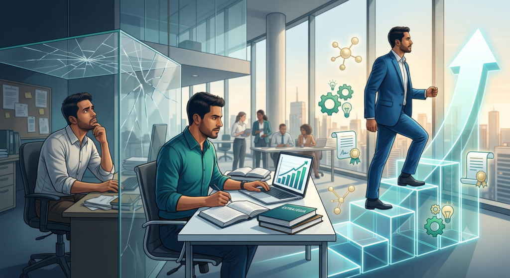 Ilustração editorial e moderna sobre carreira estagnada e crescimento profissional, retratando a transição da inércia para a ascensão. Em primeiro plano, um profissional adulto em ambiente corporativo, inicialmente pensativo diante de um obstáculo simbólico ou "teto invisível", evoluindo visualmente para uma postura confiante ao subir degraus ou uma seta ascendente. Ao redor, elementos que representem qualificação e estratégia, como livros, notebook com gráficos de crescimento, ícones de novas competências, networking e especialização.