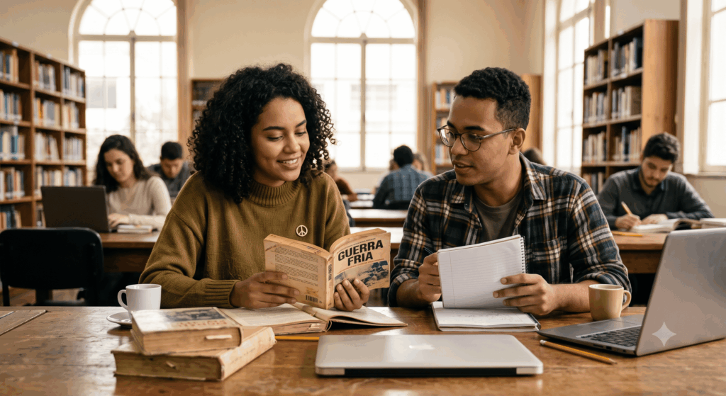estudantes em biblioteca estudando sobre a guerra fria