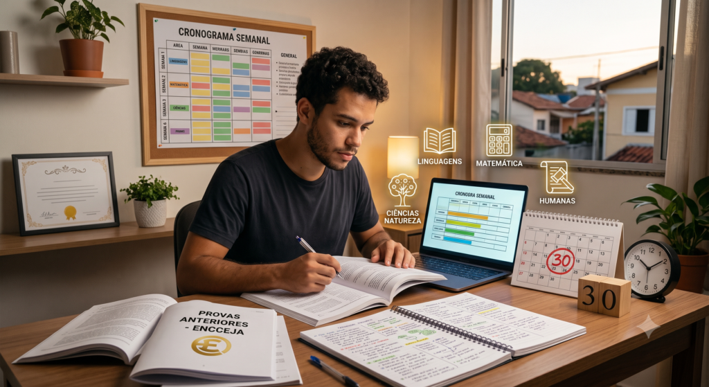 Ilustração editorial e moderna sobre a reta final de estudos para o Encceja 2026, retratando um jovem ou adulto brasileiro estudando de forma concentrada e estratégica a um mês da prova. Em primeiro plano, o estudante em uma mesa organizada com cadernos, provas anteriores, notebook e um calendário marcando a contagem regressiva de 30 dias. Ao redor, elementos visuais que remetam a planejamento e foco, como cronograma semanal, relógio ou ampulheta, ícones sutis das áreas do conhecimento (matemática, linguagens, ciências e redação) e sinais de organização e determinação.