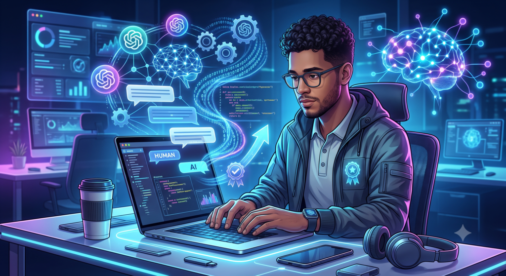 Ilustração editorial e moderna sobre Engenharia de Prompt, retratando a conexão entre a linguagem humana e a inteligência artificial. Em primeiro plano, um profissional de tecnologia escrevendo comandos em um notebook, com uma interface de chat de IA e trechos de código visíveis na tela.