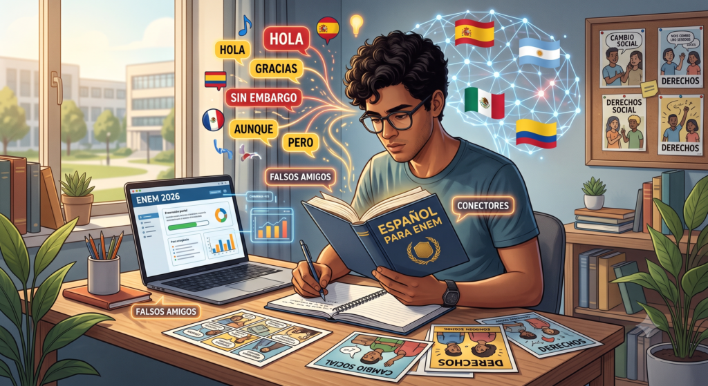 Ilustração editorial e moderna sobre a prova de Espanhol no Enem 2026, retratando um estudante brasileiro concentrado estudando o idioma. Em primeiro plano, o jovem lendo um texto em espanhol com um notebook e cadernos, cercado por elementos visuais que remetam ao universo hispânico e à interpretação de texto: balões de fala com palavras em espanhol, ícones sutis de bandeiras de países hispano-falantes, tirinhas e cartazes de campanha, além de destaques visuais para "falsos amigos" (falsos cognatos) e conectores.