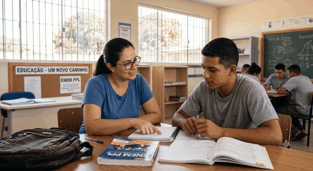 Uma educadora, vestindo uma camiseta azul, sorri calorosamente enquanto auxilia um jovem estudante em uma atividade de aprendizado dentro de uma sala de aula no Brasil. Seus rostos estão focados em um notebook compartilhado, onde a professora aponta um detalhe, engajando o estudante de forma encorajadora. O estudante, ouvindo atentamente, segura uma caneta, pronto para escrever. Ao fundo, através de janelas com grades que sugerem o ambiente prisional, a luz natural entra, simbolizando clareza e oportunidades futuras. O quadro-negro atrás deles contém diagramas educacionais e a frase 'EDUCAÇÃO - UM NOVO CAMINHO', reforçando a missão do ENEM PPL em fornecer reintegração e crescimento pessoal. A imagem enfatiza a colaboração, dignidade e o poder transformador do conhecimento