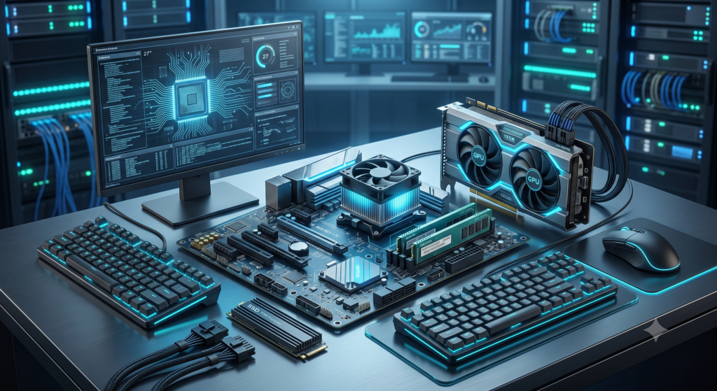 Ilustração editorial e moderna sobre o conceito de hardware na tecnologia, retratando os componentes físicos de um computador em destaque. Em primeiro plano, peças reais de hardware bem organizadas e iluminadas, como placa-mãe, processador (CPU), placa de vídeo (GPU), pentes de memória RAM, SSD e cabos, além de periféricos como teclado, mouse e monitor ao redor. Elementos visuais que remetam ao funcionamento interno de uma máquina, com circuitos, chips e conexões, sugerindo processamento, armazenamento, entrada e saída de dados.