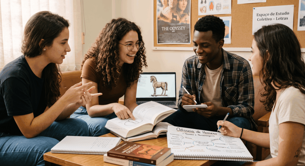 A imagem apresenta um grupo de quatro jovens estudantes brasileiros, dois homens e duas mulheres, reunidos em um ambiente de estudo acolhedor e iluminado na universidade. Eles estão concentrados e felizes enquanto discutem e analisam um livro aberto da "Odisseia", com mapas mentais e cadernos ao redor. No fundo, um quadro de cortiça exibe cartazes relacionados ao cinema e à literatura grega, destacando a conexão entre a obra de Homero e as diversas adaptações culturais