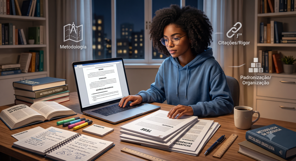 Ilustração editorial e moderna sobre Normas ABNT e produção acadêmica, retratando um estudante universitário ou pesquisador organizando um trabalho científico em um notebook sobre uma mesa de estudos. Em primeiro plano, páginas impressas e elementos visuais que remetam à estrutura acadêmica, como capa, sumário, referências bibliográficas, citações e formatação padronizada. Ao redor, livros, marcadores, régua, caneta, fichamentos e ícones sutis de organização, metodologia e rigor científico. 