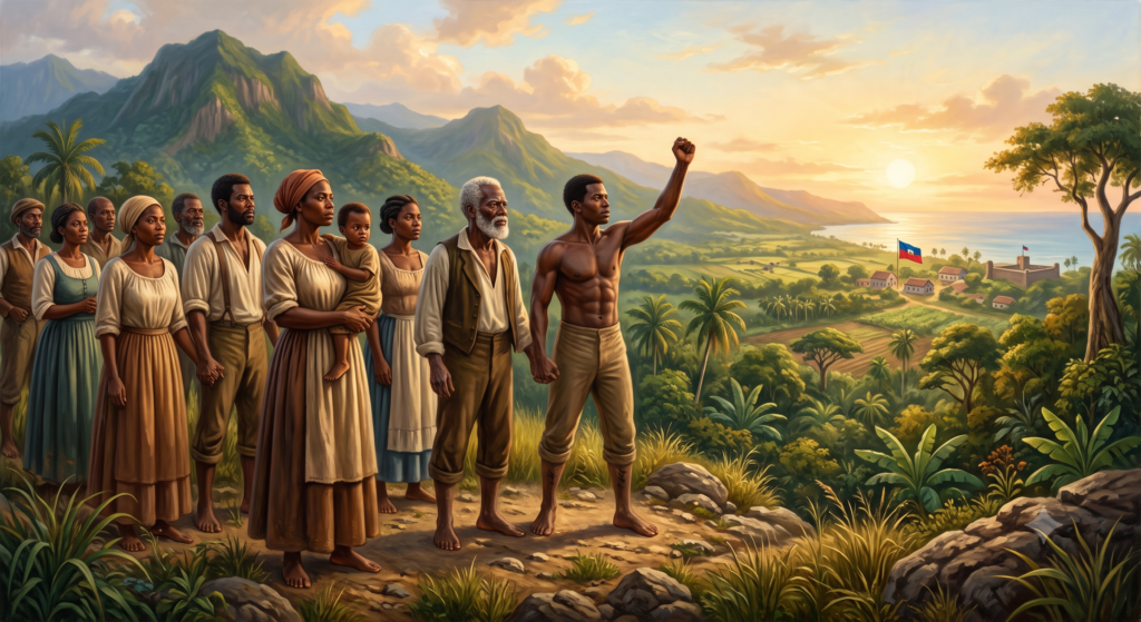 Ilustração editorial histórica e realista sobre a Revolução Haitiana, com foco em liberdade, dignidade e independência. Em primeiro plano, homens e mulheres negros em postura de união e esperança, alguns com correntes rompidas de forma sutil, olhando para o horizonte com expressão de força e conquista. Ao fundo, paisagem tropical do Haiti com montanhas, vegetação caribenha, plantações e céu iluminado, sugerindo o nascimento de uma nova nação.