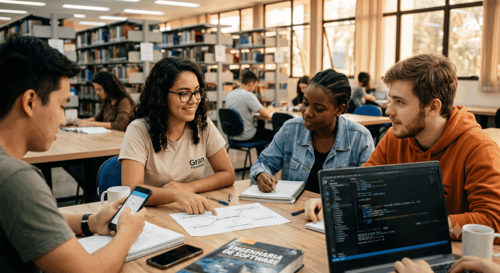 um grupo diverso de quatro estudantes de tecnologia (provavelmente na Gran Faculdade) reunidos em uma biblioteca. Uma estudante aponta para um diagrama conceitual de "Software" desenhado à mão (conectando 'Código-Fonte' e 'Interface'), enquanto seus colegas participam ativamente da discussão. A presença do notebook exibindo linhas de código e do livro-texto de Engenharia de Software no primeiro plano ancora a imagem no contexto da educação técnica e do desenvolvimento profissional