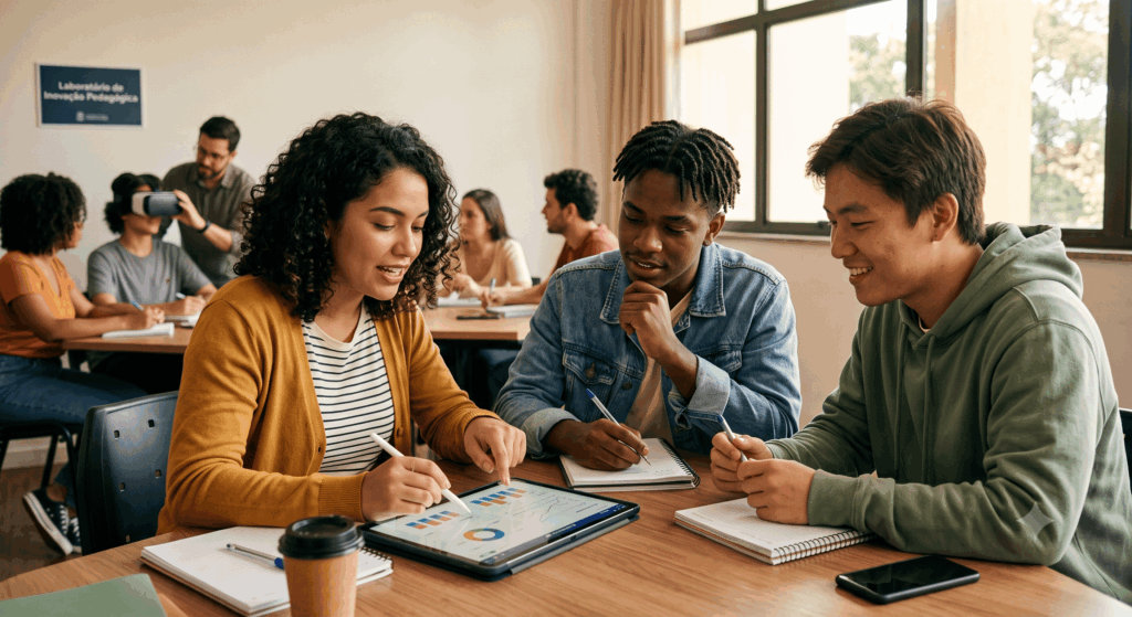 A imagem mostra um grupo de três estudantes universitários trabalhando juntos em uma mesa de madeira falando sobre tendencias na educacao. Eles usam um tablet e notebooks, cercados por luz natural e outros colegas em um ambiente educacional acolhedor