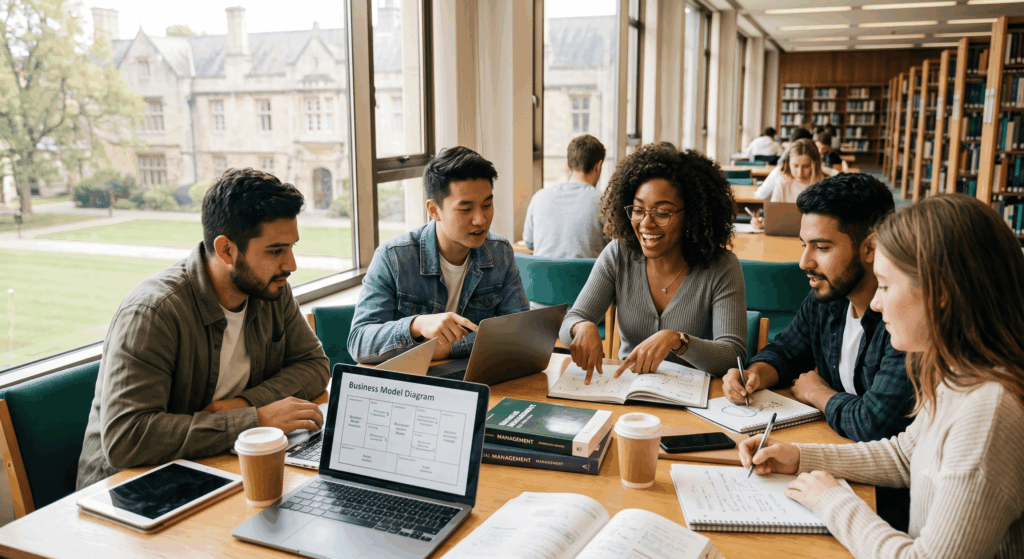 quatro jovens adultos de origens diversas sentados ao redor de uma mesa de madeira em uma biblioteca universitária iluminada. Eles estão engajados, compartilhando ideias de um caderno e um laptop. Há materiais de estudo espalhados, como livros e xícaras de café, criando uma atmosfera autêntica de aprendizado e inovação