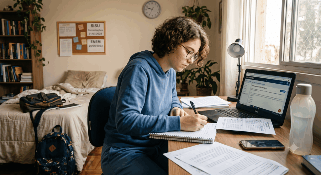 Uma jovem estudante, de óculos e moletom azul, está concentrada em sua mesa de estudo, escrevendo com uma caneta em um caderno espiral. Ela está sentada diante de um notebook que exibe a interface do Gran Questões, indicando a realização do simulado. A cena é simples, humanizada e repleta de luz natural vinda de uma janela próxima, mostrando um ambiente autêntico de estudo em casa