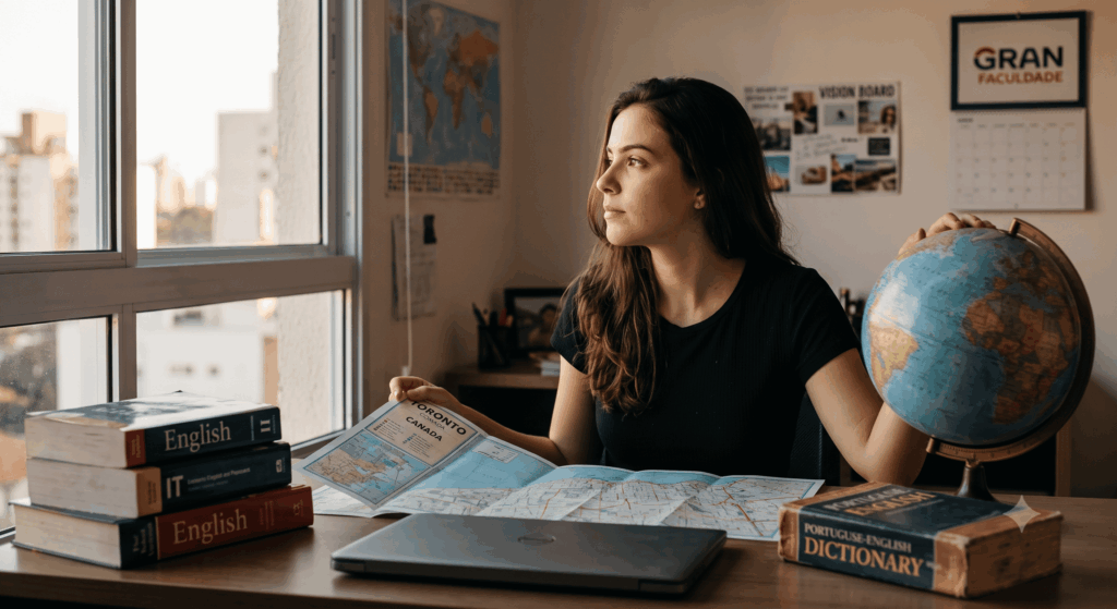 jovem mulher brasileira sentada em sua mesa de estudos, com os olhos fixos em um mapa do Canadá. Ela segura um livro sobre cursos de TI, indicando o desejo de ingressar no mercado de tecnologia canadense, que está em constante crescimento. A presença da Gran Faculdade sugere uma instituição de ensino reconhecida que pode ajudá-la a realizar seu sonho de trabalhar no exterior