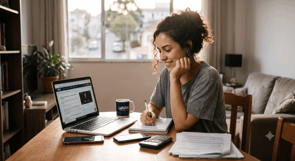 Uma estudante jovem aproveita o conforto de sua casa para focar nos estudos da sua graduação EAD, com um notebook ligado e anotações abertas. No ambiente, detalhes como uma caneca e materiais de estudo organizados sugerem uma rotina equilibrada e dedicada ao aprendizado autônomo. A luz natural suave cria uma atmosfera calma e propícia para a concentração e o planejamento do futuro acadêmico
