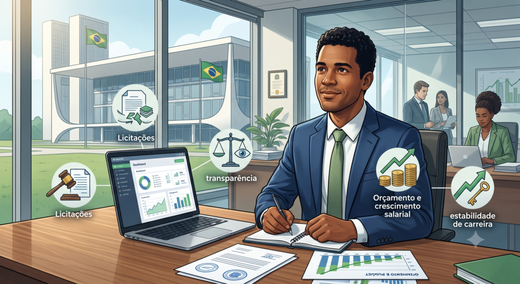 Ilustração editorial realista e moderna sobre a carreira de Gestão Pública, retratando um profissional brasileiro confiante em um ambiente administrativo governamental moderno. Em primeiro plano, a pessoa trabalhando com documentos, gráficos de orçamento e um notebook, sugerindo planejamento, gestão de recursos e políticas públicas