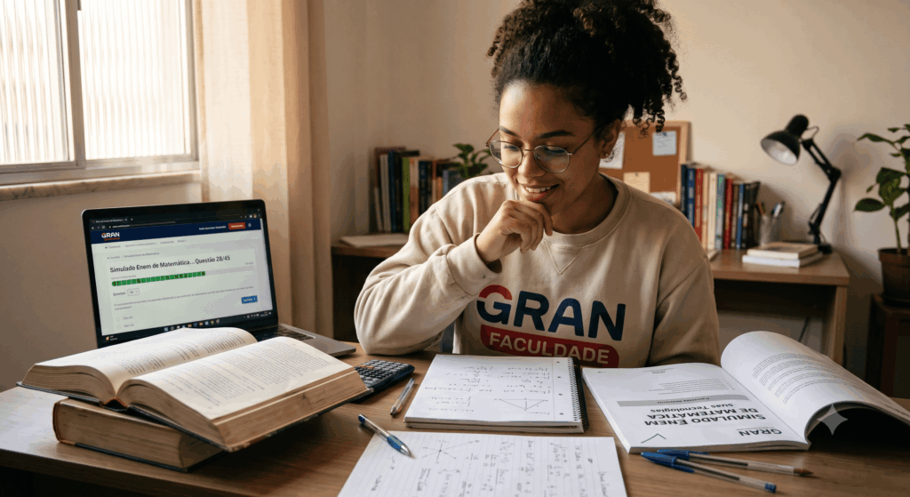 Uma estudante jovem e focada, vestindo um moletom da Gran Faculdade, está sentada à sua mesa de estudos repleta de livros e anotações. Ela examina com atenção o Simulado Enem de Matemática e suas Tecnologias na tela do notebook, exibindo uma expressão de concentração tranquila. A luz natural suave vinda da janela cria uma atmosfera acolhedora e realista de aprendizado