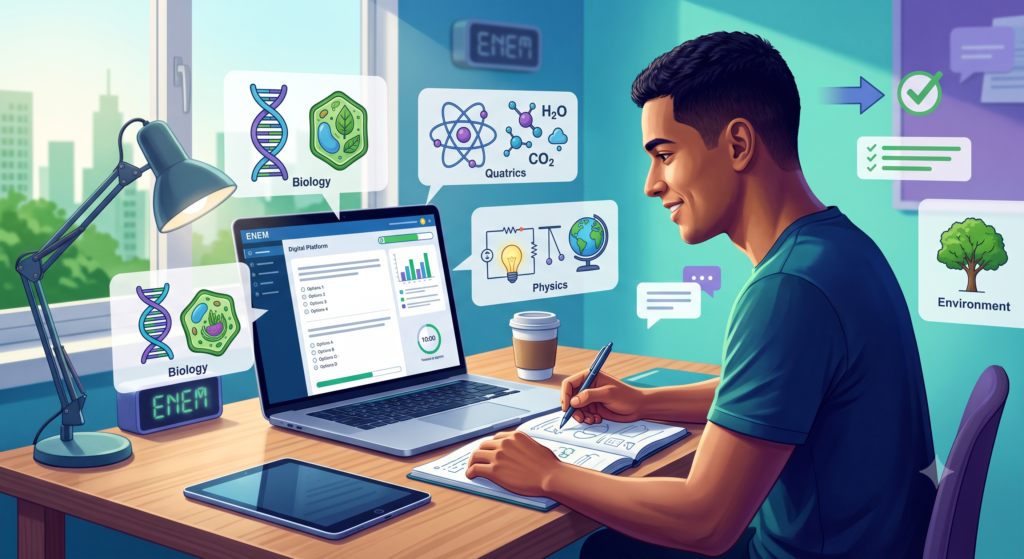 Ilustração editorial realista e moderna sobre simulado do ENEM de Ciências da Natureza, retratando um estudante brasileiro concentrado resolvendo questões em um notebook ou celular. Em primeiro plano, a pessoa treinando em uma plataforma digital de simulado, com expressão de foco e confiança, cercada por elementos visuais que representem Biologia, Física e Química, como célula/DNA, átomos, fórmulas, circuitos elétricos, tubos de ensaio e ícones de meio ambiente.