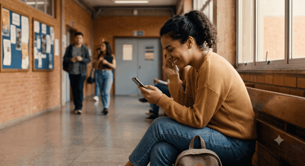 Uma jovem estudante brasileira, de 20 anos, está sentada em um banco de madeira no corredor da universidade, segurando seu smartphone com as duas mãos e sorrindo. Ela veste um suéter de tricô mostarda e jeans, com o cabelo cacheado preso. O corredor de tijolos ao fundo está desfocado, mostrando outros alunos e a luz do sol da tarde entrando por uma janela, capturando um momento de genuína emoção e alívio ao receber a boa notícia