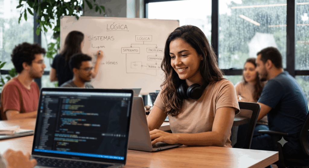 A imagem retrata uma estudante em um ambiente de coworking moderno e colaborativo, concentrada em seu notebook enquanto troca ideias com colegas. O espaço é iluminado e arborizado, transmitindo uma sensação de criatividade e bem-estar. No quadro branco, é possível ver anotações sobre lógica de programação e arquitetura de sistemas, evidenciando o aprendizado prático e o trabalho em equipe.