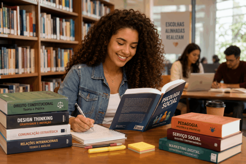 Uma estudante de cabelos cacheados sorri enquanto estuda em uma biblioteca iluminada, fazendo anotações e lendo um livro de "Psicologia Social". Ela está cercada por outras obras como "Direito Constitucional" e "Design Thinking", representando a diversidade de cursos sem matemática mencionados no texto. O ambiente humano e tranquilo reflete o alívio e a satisfação de escolher uma carreira alinhada com suas paixões e habilidades, longe dos cálculos e das exatas.
