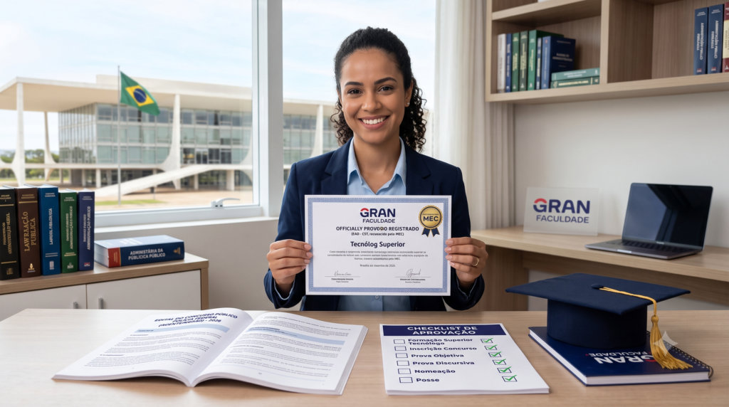 Imagem horizontal, estilo editorial realista, tema tecnólogo em concurso público: jovem profissional segurando diploma de nível superior, edital de concurso em destaque, selo do MEC, capelo de formatura, checklist de aprovação e prédio público ao fundo, ambiente de estudo moderno, visual institucional, clean e confiável, paleta azul e branca com detalhes dourados, sensação de estabilidade, aprovação e carreira pública.