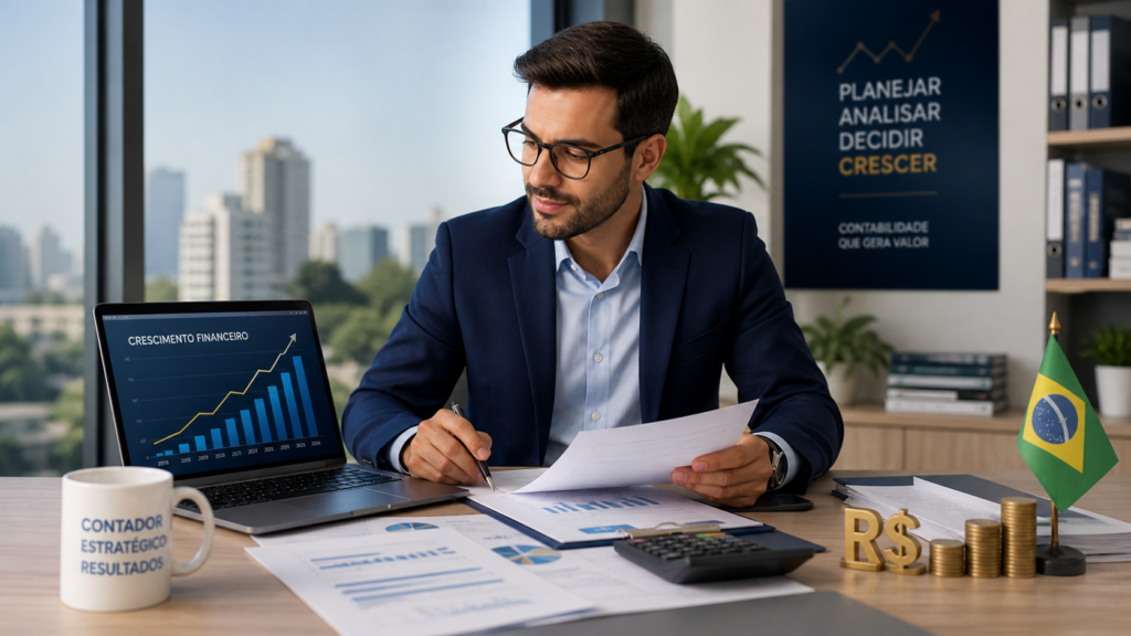 Imagem horizontal, estilo editorial realista, tema salário de contador: profissional de contabilidade confiante em escritório moderno analisando relatórios financeiros e gráfico de crescimento, ícones de moeda/real, calculadora, planilhas, selo do CRC e capelo de formatura, sensação de progressão de carreira e bons ganhos, visual institucional, clean e confiável, paleta azul, branco e dourado/verde.