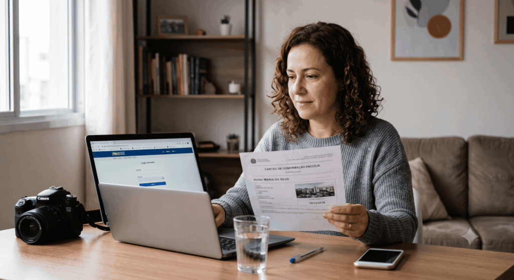 Uma candidata de meia-idade, com um suéter cinza confortável, está sentada à sua mesa de jantar em um ambiente doméstico acolhedor, concentrada nas informações do Encceja no seu laptop. Ela segura um cartão de confirmação impresso, que está sendo lido e conferido com a tela do computador, indicando a verificação bem-sucedida do local de prova e detalhes do exame. A luz natural suave entra pela janela, realçando a serenidade e o foco de quem está se preparando para uma etapa importante na educação