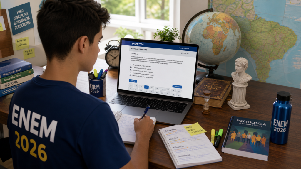 Cena horizontal, limpa e motivadora, com um estudante brasileiro jovem e concentrado fazendo um simulado online em um notebook ou tablet, em ambiente de estudos organizado. 