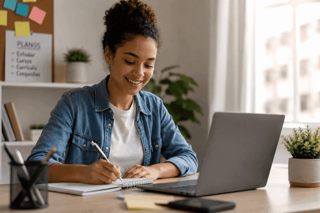 mulher no computador fazendo seu primeiro curriculo para primeiro emprego sem experiencia