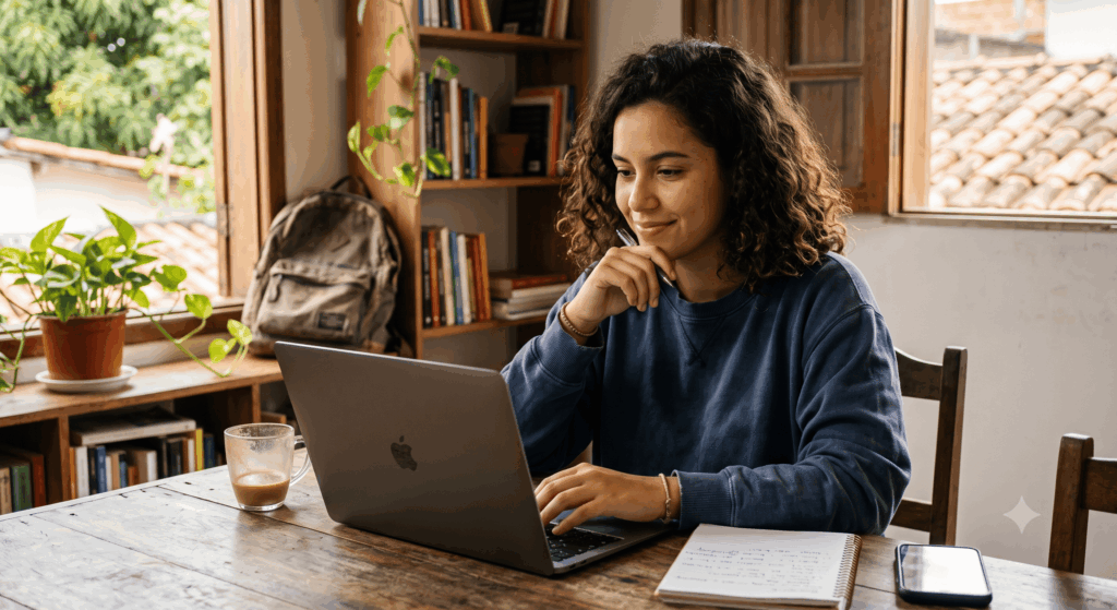 Uma jovem Latina sentada em uma mesa de madeira iluminada pela luz natural que entra pela janela de seu quarto. Ela sorri levemente e parece pensativa enquanto digita em seu notebook, que mostra o título "RESUMO PROFISSIONAL" na tela. O ambiente é acolhedor e pessoal, com livros, plantas e uma mochila ao fundo, capturando a essência autêntica e focada de um estudante construindo seu futuro