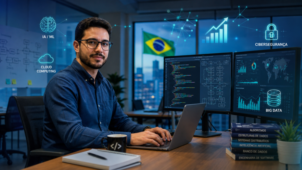 imagem realista em formato horizontal para o artigo de Ciência da Computação: um cientista da computação trabalhando com notebook e monitores exibindo código, diagramas de arquitetura e dashboards de dados, cercado por ícones de IA/ML, cloud computing, big data e cibersegurança, além de um gráfico de crescimento — tudo num ambiente tech moderno nos tons azul e ciano.