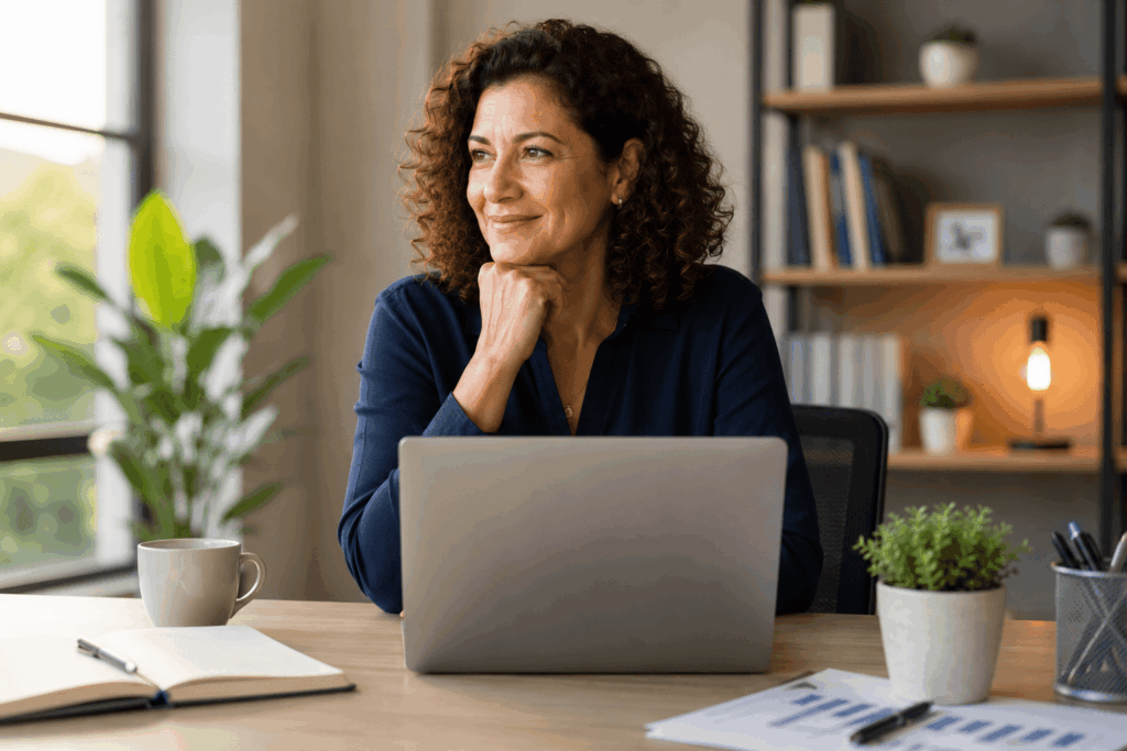 profissional madura trabalhando em um ambiente moderno e bem iluminado, transmitindo confiança e satisfação com sua trajetória. Sentada diante de um notebook, ela demonstra concentração e uma postura reflexiva, simbolizando a experiência adquirida ao longo dos anos. O cenário organizado e acolhedor reforça a ideia de desenvolvimento profissional, planejamento de carreira e crescimento contínuo