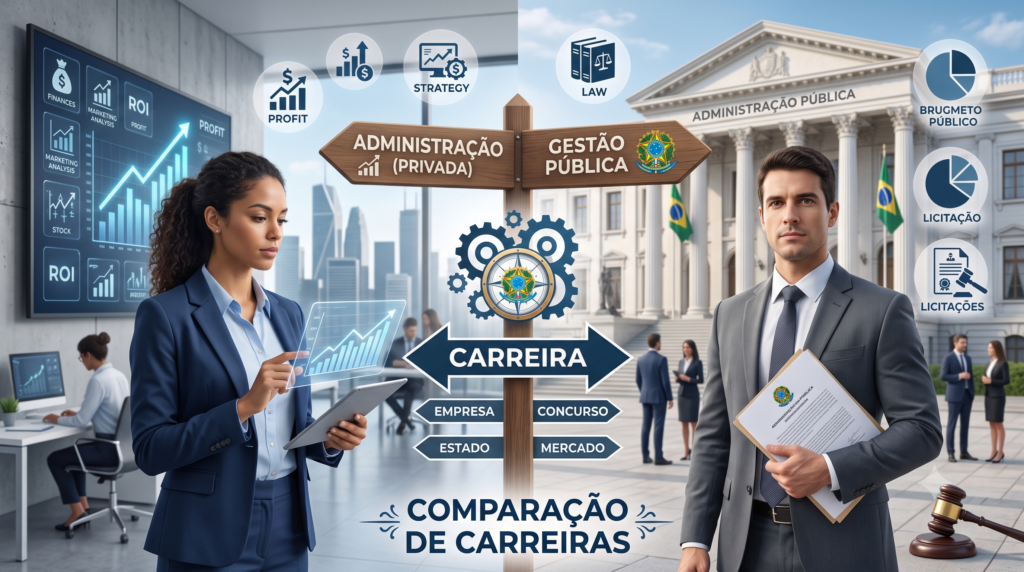 Imagem horizontal, estilo editorial realista, tema comparação Administração x Gestão Pública: composição dividida ao meio, de um lado um profissional em ambiente corporativo privado com gráficos de crescimento e ícones de finanças/marketing, do outro um profissional em contexto de setor público com prédio institucional de colunas, documentos oficiais e símbolo de licitações, ao centro uma bifurcação ou seta indicando escolha de carreira, visual institucional e confiável, paleta azul, branco e dourado.