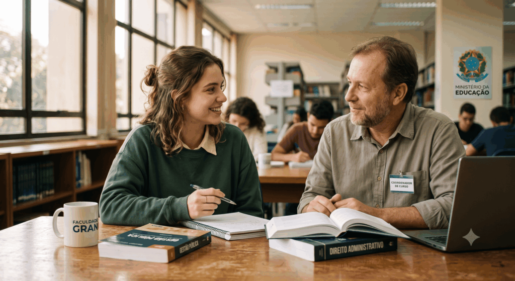 Esta fotografia captura um momento de conexão humana e aprendizado, mostrando uma jovem estudante e um orientador experiente conversando em uma biblioteca acolhedora. Sobre a mesa de madeira, livros de Gestão Pública e Direito Administrativo simbolizam a jornada educacional que o texto descreve. A iluminação natural suave reforça o tom otimista e realista da imagem