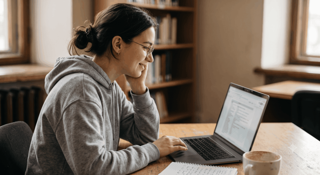 Uma jovem estudante, usando óculos e uma blusa de moletom cinza, está sentada à mesa de uma biblioteca. Com um leve sorriso no rosto, ela olha fixamente para a tela de um notebook, onde parece ter encontrado a resposta que buscava. A imagem transmite uma sensação de tranquilidade e satisfação na busca pelo conhecimento