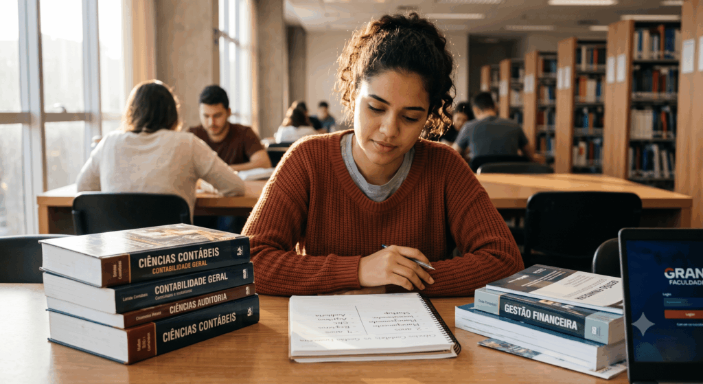 Nesta imagem acolhedora e real, uma jovem estudante de origem brasileira, chamada Bia, com cabelos escuros e cacheados, está sentada em uma biblioteca universitária iluminada pelo sol, contemplando o próximo passo de sua jornada acadêmica. Ela está vestindo um suéter de tricô ferrugem e tem um olhar pensativo, com a mão apoiando a bochecha enquanto analisa as opções sobre a mesa de madeira: um caderno aberto com anotações de prós e contras e duas pilhas distintas de livros sobre "Ciências Contábeis" e "Gestão Financeira," além de um pequeno notebook com um guia de cursos da "Gran Faculdade" visível na tela. A luz suave da janela e a atmosfera tranquila da biblioteca criam um ambiente íntimo que captura a importância de sua decisão consciente para o futuro profissional