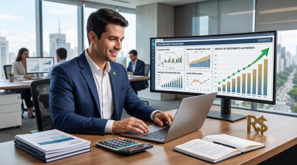 Imagem horizontal, estilo editorial realista, tema carreira de gestor financeiro: profissional brasileiro confiante em escritório corporativo moderno analisando gráficos de fluxo de caixa e dashboards financeiros em notebook e monitor, com símbolo de real, calculadora, relatórios e gráfico de crescimento ascendente, visual estratégico e profissional, paleta azul, branco e detalhes em dourado/verde.
