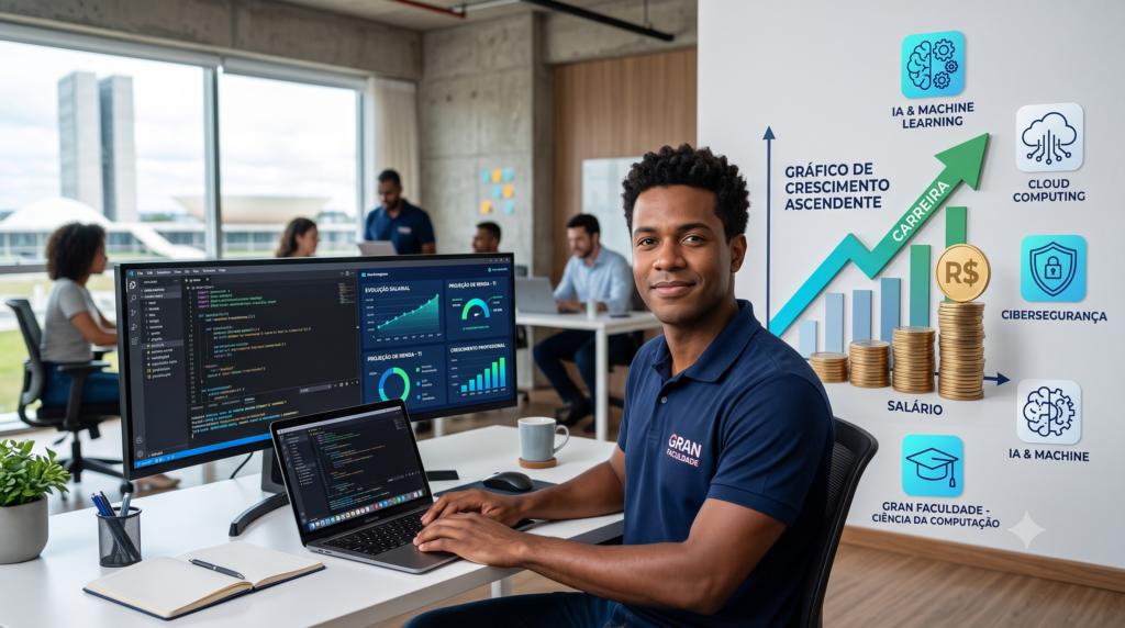 Imagem horizontal, estilo editorial realista, tema salário e carreira em Ciência da Computação: profissional brasileiro confiante em frente a notebook e monitor com código e dashboards, ao lado de gráfico de crescimento ascendente, moedas empilhadas em progressão e símbolo de real, com ícones de IA, machine learning, nuvem e cibersegurança, sensação de evolução de carreira e boa remuneração, ambiente tech moderno, paleta azul, branco e detalhes em ciano/verde.