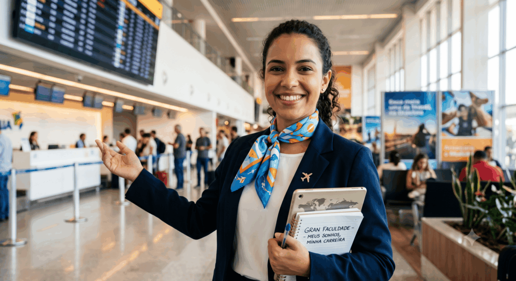 Uma comissária de bordo brasileira sorri no saguão de um aeroporto moderno, segurando um tablet e um caderno que diz 'GRAN FACULDADE - MEUS SONHOS, MINHA CARREIRA'. Ela está em primeiro plano, com um lenço de padrão alegre e um broche de avião. O fundo é um ambiente de terminal de aeroporto movimentado, mas levemente desfocado, com um painel de partidas e pessoas, evocando a emoção e a possibilidade de viajar