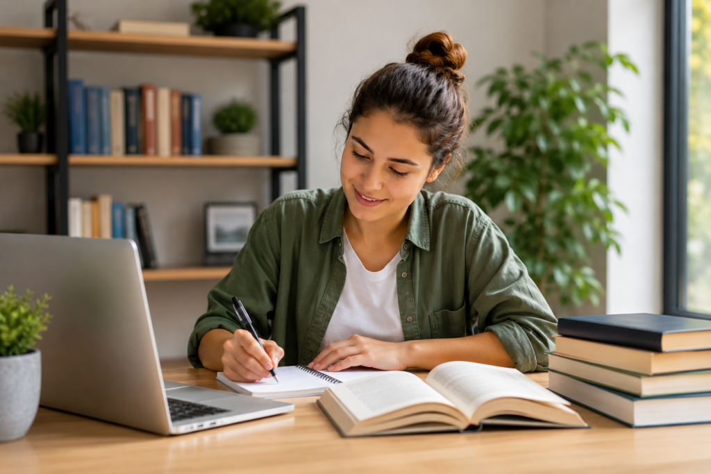 A imagem retrata uma estudante em um ambiente organizado e acolhedor, concentrada enquanto faz anotações ao lado de um notebook e livros. A cena transmite dedicação aos estudos, planejamento de carreira e a busca por qualificação. O contexto representa a escolha consciente de um curso de Humanas com foco em empregabilidade e crescimento profissional