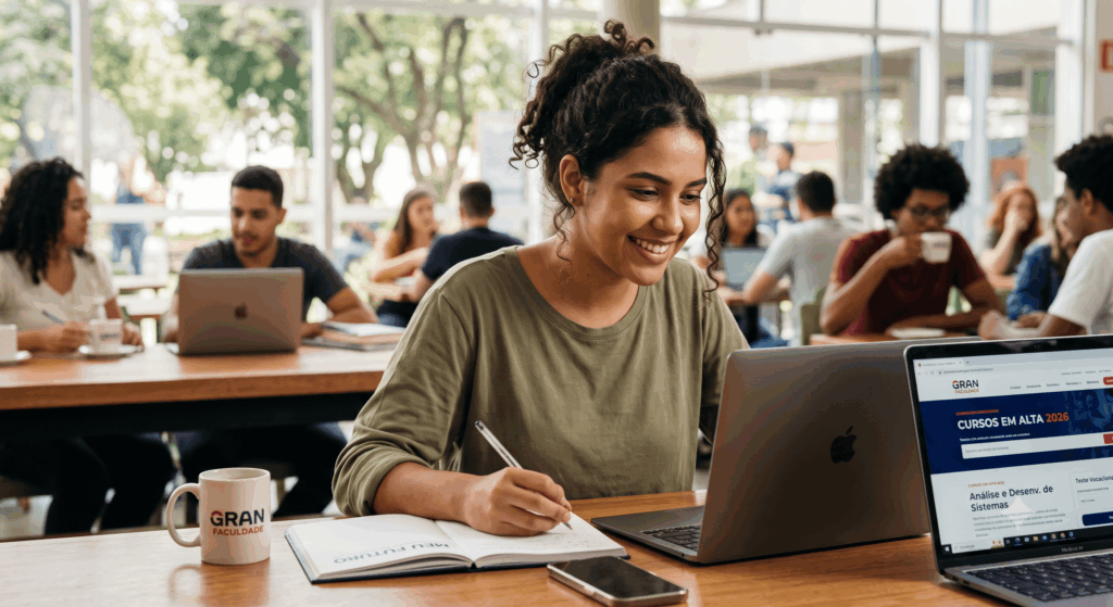Uma jovem brasileira com cabelos cacheados está sentada em um café universitário movimentado, focada em sua pesquisa. Ela sorri enquanto consulta informações sobre cursos e um teste vocacional em seu notebook e anota ideias em seu caderno pessoal. A imagem reflete a sensação humana e otimista de autodescoberta e planejamento de carreira abordada no texto
