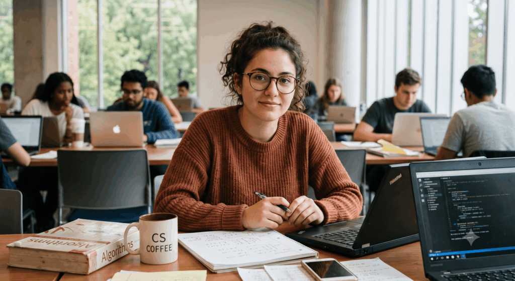 Uma estudante universitária, usando óculos e um suéter confortável, sorri levemente ao focar seus estudos em uma mesa de madeira. Ela segura uma caneta sobre um notebook com diagramas lógicos, ao lado de um laptop aberto com código Python visível, uma xícara de café e um livro de algoritmos. O ambiente ao fundo é uma biblioteca moderna e movimentada, com outros alunos e janelas que deixam entrar a luz natural, transmitindo uma atmosfera humana e focada