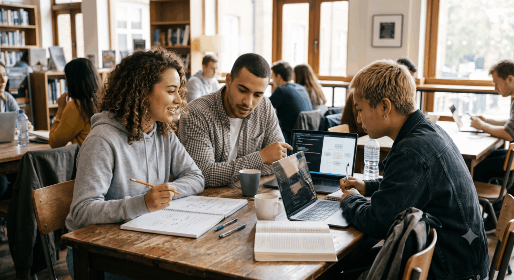 A imagem captura um momento autêntico de colaboração entre três estudantes de tecnologia em um café universitário movimentado e iluminado pela luz natural. Eles estão reunidos ao redor de uma mesa de madeira, focados em um notebook que exibe código de programação e um diagrama arquitetural, discutindo ideias ativamente enquanto fazem anotações em um caderno. Ao redor deles, a energia do ambiente de aprendizado é visível através de outros estudantes, livros e um clima de troca de conhecimento e inovação