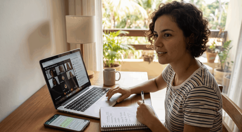 A foto retrata uma jovem brasileira em seu home office iluminado no litoral baiano, focada em uma videoaula sobre carreira. Enquanto toma notas manuscritas sobre estratégias de networking e LinkedIn, ela mantém o celular ao lado com o grupo de WhatsApp da turma aberto. A cena captura a essência do estudo online: a integração entre aprendizado técnico e a construção ativa de conexões profissionais.